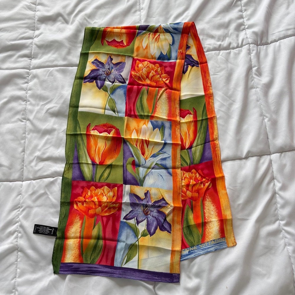 Vintage 90s Adrienne Vittadini 100% Silk Scarf Floral Tulip Lily Botanical